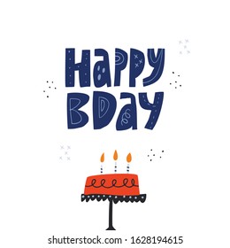 Festive confectionery and handwritten birthday phrase flat illustration