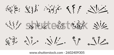 Festive confetti burst set isolated on white background. Vector illustration of hand drawn firework explosion effect, party firecracker sparks, abstract spiral doodles, lines with dots and hearts
