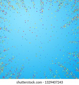 Festive confetti. Celebration stars. Childish bright stars on blue sky background. Comely festive overlay template. Immaculate vector illustration.