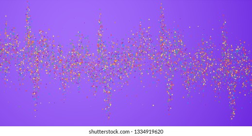 Festive confetti. Celebration stars. Childish bright stars on bright purple background. Dazzling festive overlay template. Extraordinary vector illustration.
