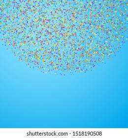 Festive confetti. Celebration stars. Childish bright stars on blue sky background. Comely festive overlay template. Cool vector illustration.
