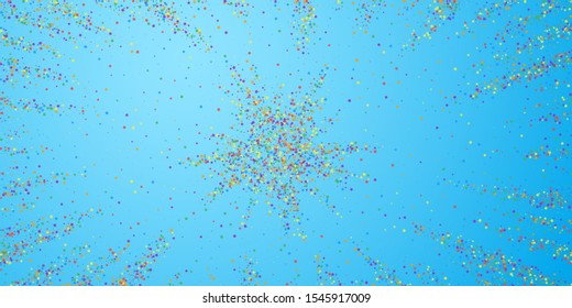 Festive confetti. Celebration stars. Childish bright stars on blue sky background. Creative festive overlay template. Pretty vector illustration.
