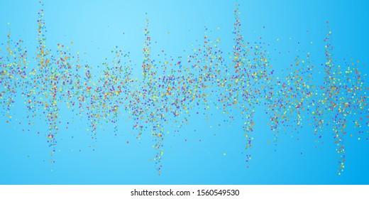 Festive confetti. Celebration stars. Childish bright stars on blue sky background. Dazzling festive overlay template. Extra vector illustration.