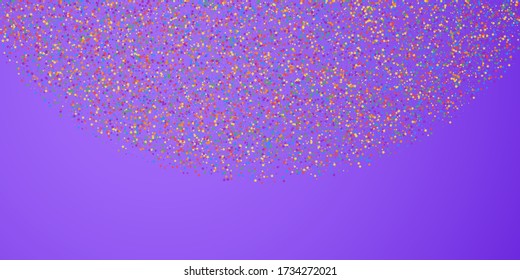 Festive confetti. Celebration stars. Childish bright stars on bright purple background. Ecstatic festive overlay template. Charming vector illustration.