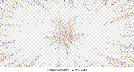 Festive confetti. Celebration stars. Childish bright stars on transparent background. Creative festive overlay template. Radiant vector illustration.