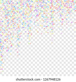 Festive confetti. Celebration stars. Colorful stars dense on transparent background. Charming festive overlay template. Pleasing vector illustration.