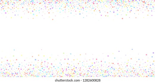 Festive confetti. Celebration stars. Colorful stars on white background. Cool festive overlay template. Symmetrical vector illustration.