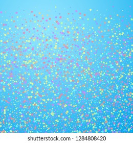 Festive confetti. Celebration stars. Colorful stars on blue sky background. Classy festive overlay template. Marvelous vector illustration.