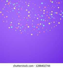 Festive confetti. Celebration stars. Colorful stars random on bright purple background. Comely festive overlay template. vector illustration.