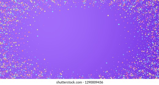 Festive confetti. Celebration stars. Colorful stars dense on bright purple background. Elegant festive overlay template. Superb vector illustration.