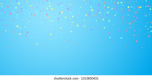 Festive confetti. Celebration stars. Colorful stars random on blue sky background. Divine festive overlay template. Optimal vector illustration.