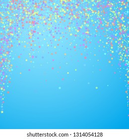Festive confetti. Celebration stars. Colorful stars dense on blue sky background. Captivating festive overlay template. Fetching vector illustration.