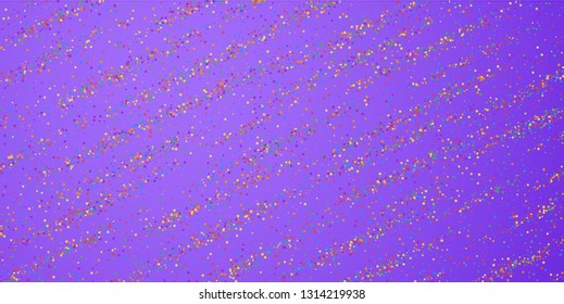 Festive confetti. Celebration stars. Colorful confetti on bright purple background. Delicate festive overlay template. Exceptional vector illustration.
