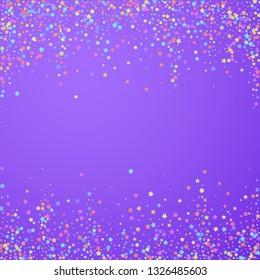 Festive confetti. Celebration stars. Colorful stars on bright purple background. Charming festive overlay template. Extraordinary vector illustration.