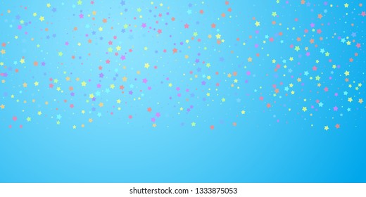 Festive confetti. Celebration stars. Colorful stars random on blue sky background. Divine festive overlay template. Alluring vector illustration.