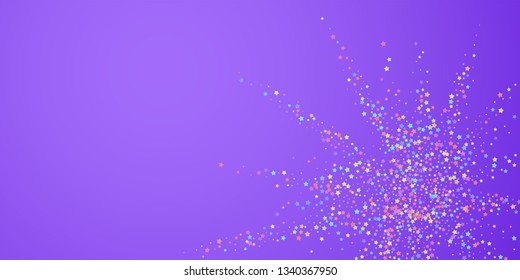 Festive confetti. Celebration stars. Colorful stars on bright purple background. Curious festive overlay template. Great vector illustration.