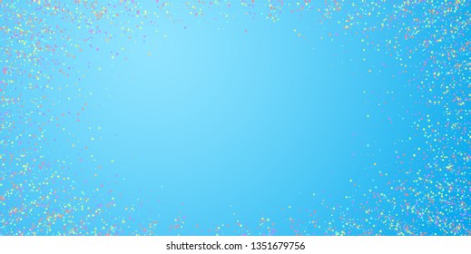 Festive confetti. Celebration stars. Colorful stars small on blue sky background. Elegant festive overlay template. Unequaled vector illustration.