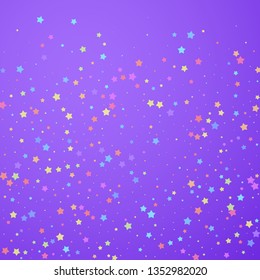 Festive confetti. Celebration stars. Colorful stars random on bright purple background. Classy festive overlay template. Original vector illustration.