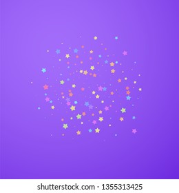 Festive confetti. Celebration stars. Colorful stars random on bright purple background. Divine festive overlay template. Extraordinary vector illustration.