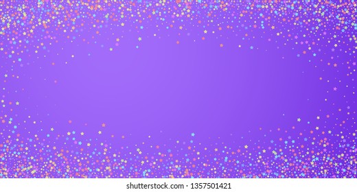 Festive confetti. Celebration stars. Colorful stars on bright purple background. Elegant festive overlay template. Cool vector illustration.