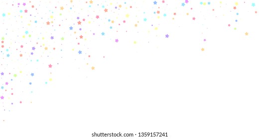 Festive confetti. Celebration stars. Colorful stars random on white background. Delicate festive overlay template. Bewitching vector illustration.