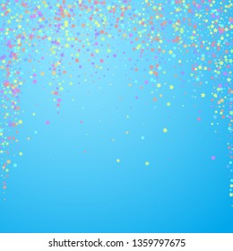 Festive confetti. Celebration stars. Colorful stars on blue sky background. Captivating festive overlay template. Fancy vector illustration.