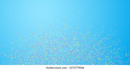 Festive confetti. Celebration stars. Colorful stars small on blue sky background. Cute festive overlay template. Dazzling vector illustration.