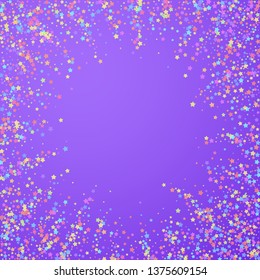 Festive confetti. Celebration stars. Colorful stars dense on bright purple background. Comely festive overlay template. Unique vector illustration.