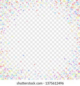 Festive confetti. Celebration stars. Colorful stars dense on transparent background. Cool festive overlay template. Magnificent vector illustration.