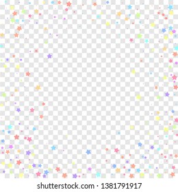 Festive confetti. Celebration stars. Colorful stars random on transparent background. Cool festive overlay template. Enchanting vector illustration.