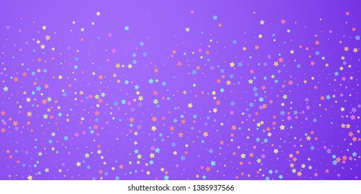 Festive confetti. Celebration stars. Colorful stars random on bright purple background. Dramatic festive overlay template. Neat vector illustration.