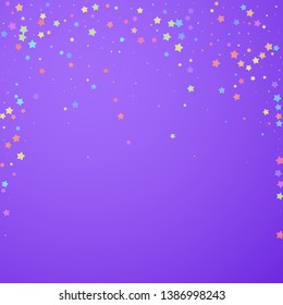 Festive confetti. Celebration stars. Colorful stars random on bright purple background. Captivating festive overlay template. Good-looking vector illustration.