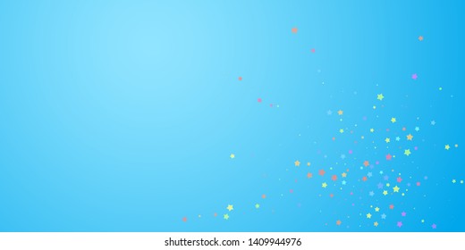 Festive confetti. Celebration stars. Colorful stars random on blue sky background. Curious festive overlay template. Interesting vector illustration.