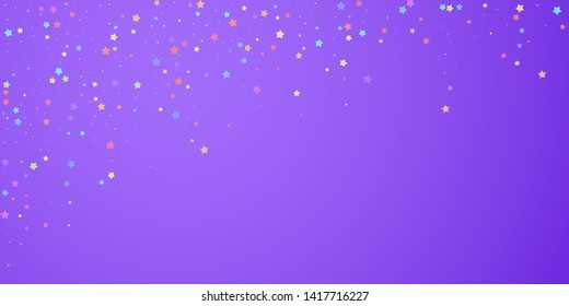 Festive confetti. Celebration stars. Colorful stars random on bright purple background. Delicate festive overlay template. Beauteous vector illustration.