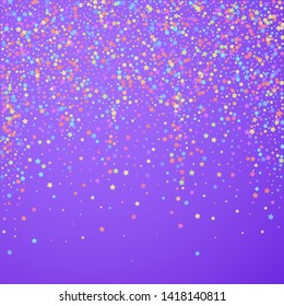 Festive confetti. Celebration stars. Colorful stars on bright purple background. Eminent festive overlay template. Charming vector illustration.