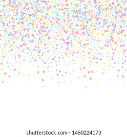 Festive confetti. Celebration stars. Colorful stars dense on white background. Classic festive overlay template. Overwhelming vector illustration.