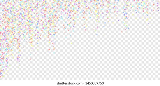 Festive confetti. Celebration stars. Colorful stars dense on transparent background. Delicate festive overlay template. Attractive vector illustration.