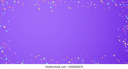 Festive confetti. Celebration stars. Colorful stars random on bright purple background. Delightful festive overlay template. Fantastic vector illustration.