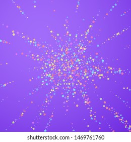 Festive confetti. Celebration stars. Colorful stars on bright purple background. Captivating festive overlay template. Astonishing vector illustration.