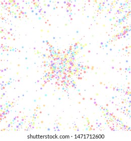 Festive confetti. Celebration stars. Colorful stars dense on white background. Brilliant festive overlay template. Captivating vector illustration.