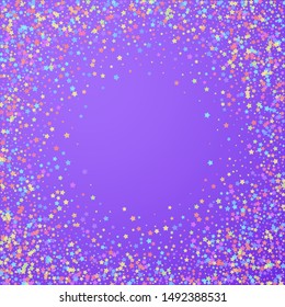 Festive confetti. Celebration stars. Colorful stars dense on bright purple background. Cool festive overlay template. Dramatic vector illustration.
