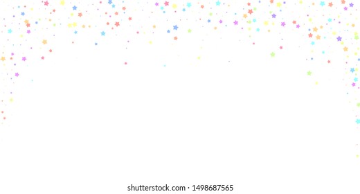 Festive confetti. Celebration stars. Colorful stars random on white background. Dazzling festive overlay template. Shapely vector illustration.