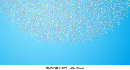 Festive confetti. Celebration stars. Colorful stars small on blue sky background. Ecstatic festive overlay template. Excellent vector illustration.