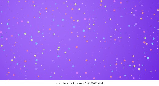 Festive confetti. Celebration stars. Colorful stars random on bright purple background. Delicate festive overlay template. Positive vector illustration.