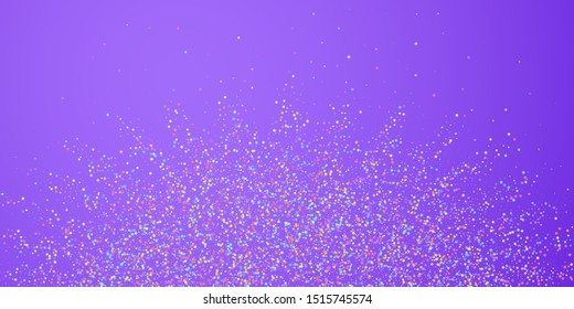 Festive confetti. Celebration stars. Colorful stars small on bright purple background. Cute festive overlay template. Decent vector illustration.