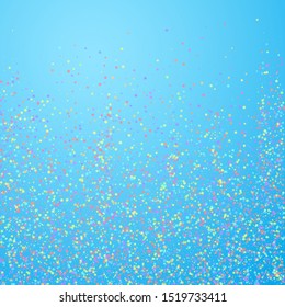 Festive confetti. Celebration stars. Colorful stars small on blue sky background. Charming festive overlay template. Bizarre vector illustration.