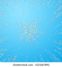 Festive confetti. Celebration stars. Colorful stars small on blue sky background. Brilliant festive overlay template. Cool vector illustration.