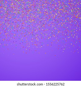Festive confetti. Celebration stars. Colorful confetti on bright purple background. Classic festive overlay template. Memorable vector illustration.