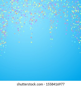 Festive confetti. Celebration stars. Colorful stars on blue sky background. Eminent festive overlay template. Grand vector illustration.