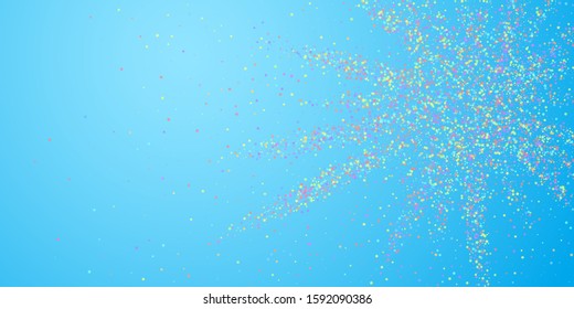 Festive confetti. Celebration stars. Colorful stars small on blue sky background. Curious festive overlay template. Divine vector illustration.
